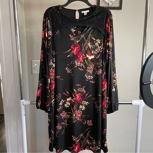 Black And Red Floral Lace Overlay V-Neck A-Line Peek-A-Boo Bishop Sleeve Dress